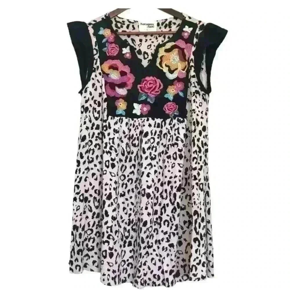 Savanna Jane Leopard Babydoll Dress A Line Swing Floral Boho 90s Medium